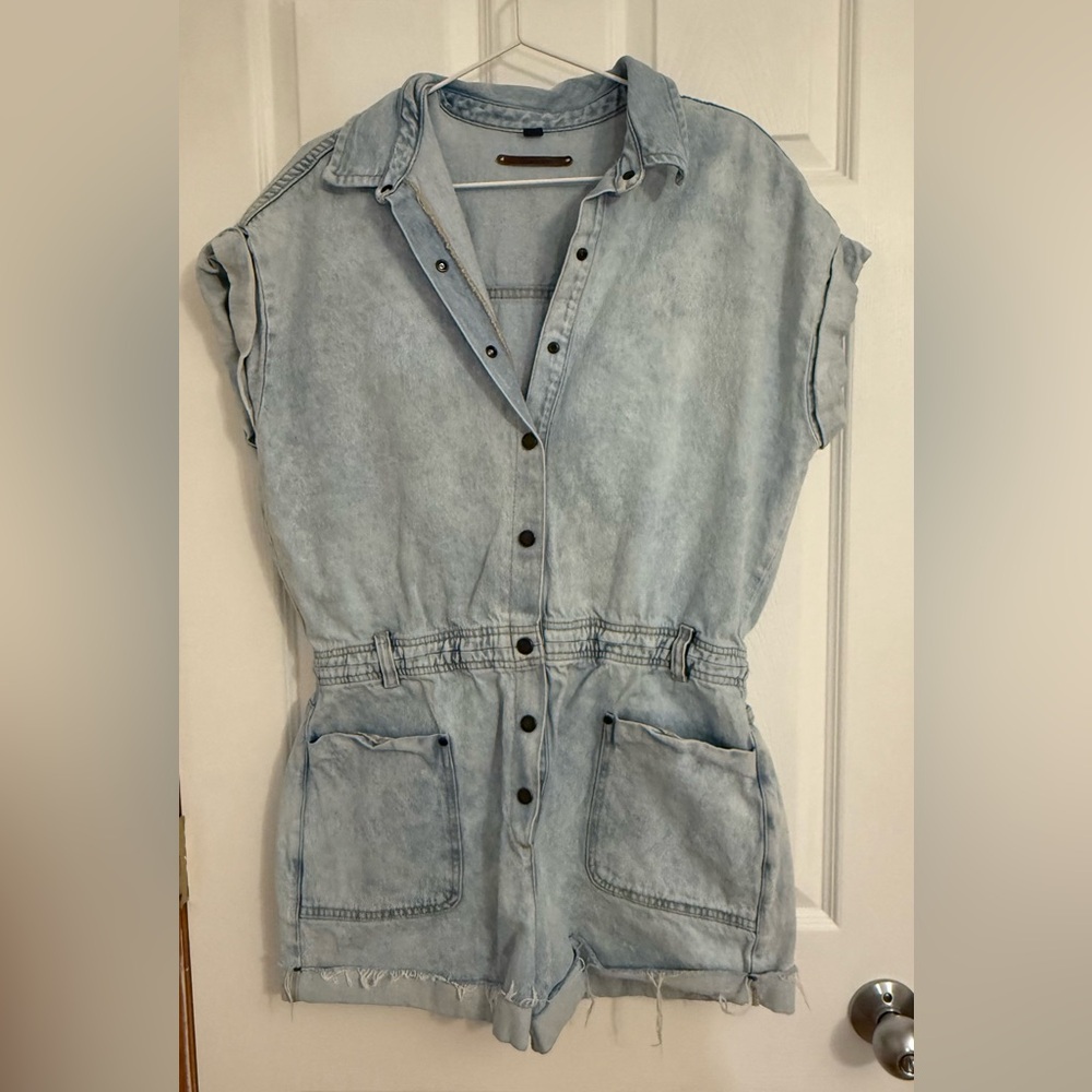 Americanino Denim Romper w/ Frayed Cuffed Shorts